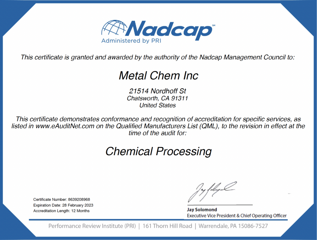 NADCAP Certification for Chemical Processing